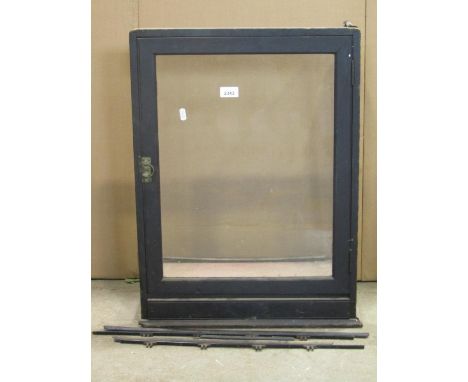 A vintage counter top shop display case with ebonised frame and door opening to reverse (AF), approx 50 cm wide x 26 cm deep 
