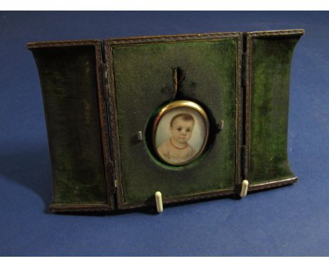 Early 19th century British school - Bust length miniature portrait of a brown eyed baby wearing a coral necklace, watercolour
