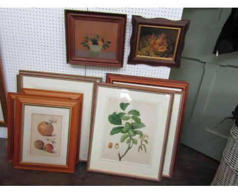 A collection of pictures and prints of fruit including a naïve style study in gouache of a basket of fruit, 21 x 25.5cm, an o