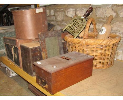 One lot of miscellaneous items comprising a vintage oak portable engineers tool chest and contents, a 19th century brass triv