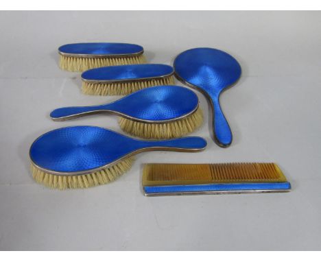 1920s six piece and guilloche enamel dressing set comprising four brushes comb and hand held mirror, maker Deakin &amp; Franc