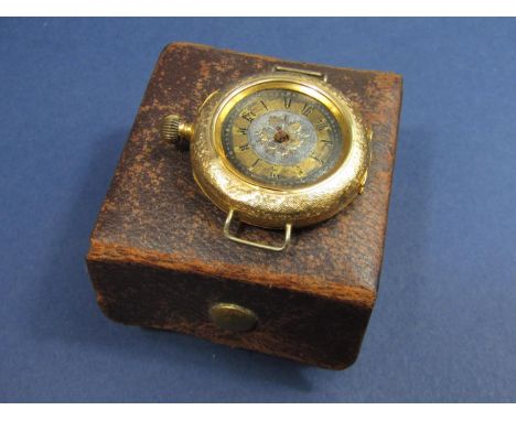 19th century 14ct fob watch, the engine turned case with worn enamel dial with gilt chapter ring and Roman numerals, 35mm cas