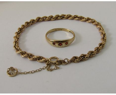 9ct rope twist bracelet and a 9ct garnet set ring, size R, 4.7g total (2) 