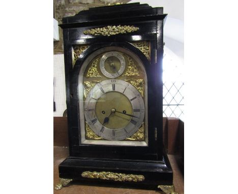 A good quality antique ebonised twin fusee bracket clock, the arched gilt dial with silvered chapter ring, engraved with Roma