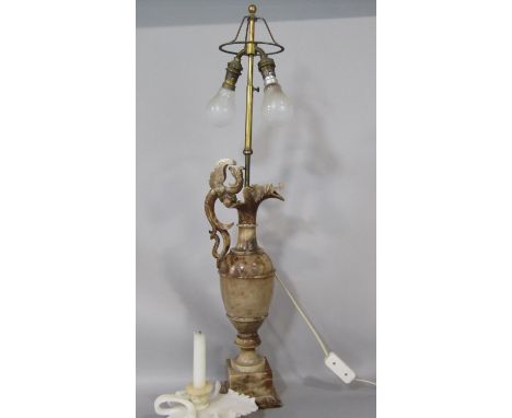 Turned marble ewer in the form of a twin branch table lamp, 78cm high in total, together with a further alabaster candlestick