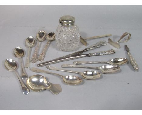 A mixed collection of silver spoons to include a stylised caddy spoon, pair of novelty golfing spoons, good quality pair cast