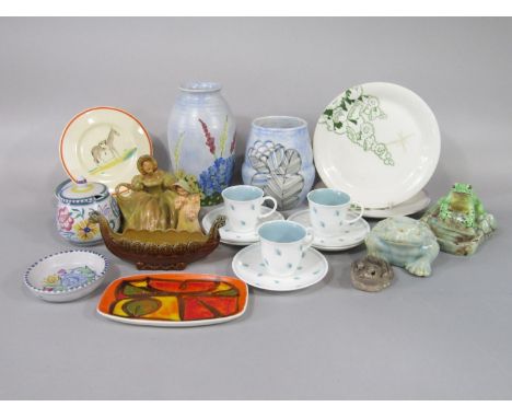 A collection of mainly art deco type ceramics including E Radford ware ashtray modelled as a frog beside a pond, two Wade fig