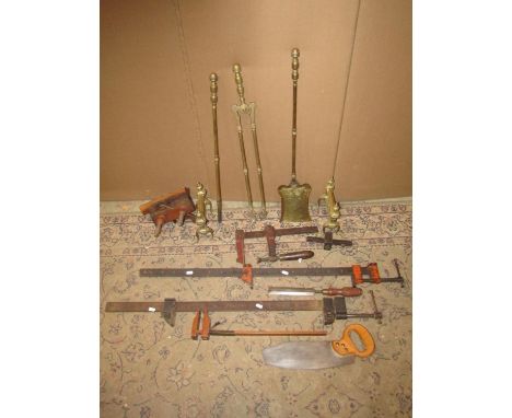 A small quantity of good quality antique carpentry related hand tools, together with two metal sash cramps, small cast iron g