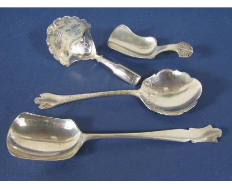 Collection of silver spoons to include a Georgian silver caddy spoon with engraved bowl and bright cut handle, further 1930s 