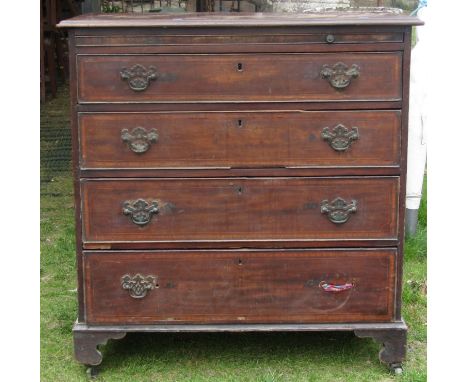 A Georgian mahogany chest of four long drawers, together with a brush slide, crossbanded in satinwood, with further box wood 
