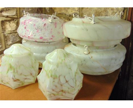 Four various art deco mottled glass pendant light shades together with a further pair of mottled glass shades (6) 