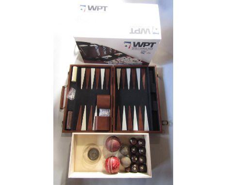 WPT unopened poker set, together with a further leather cased backgammon set and various old cricket bowls and carpet bowls, 