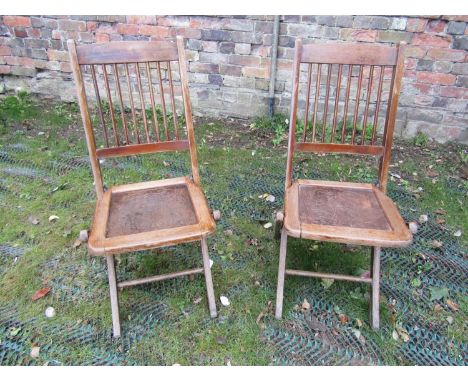 Forty eight vintage folding stained beechwood framed cafe chairs with stick backs and shell patterned panelled seats 