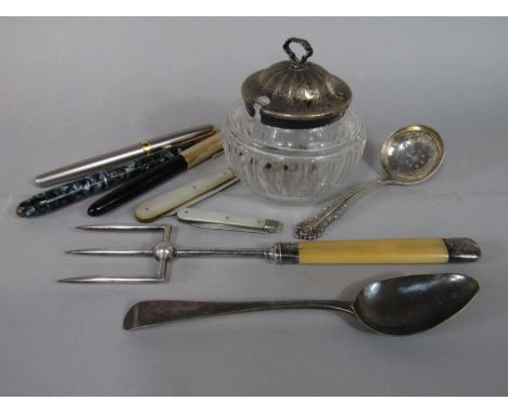 A mixed bijouterie lot comprising silver Georgian dessert spoon, Victorian silver sifter spoon, silver lidded scent jar, bone