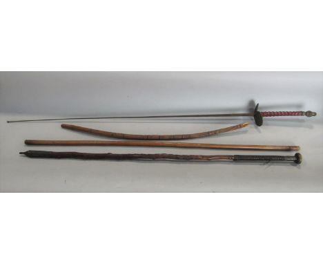 Unusual tribal cane with pointed end and worked column, together with a measuring stick, a fencing stick and a further tribal