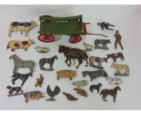 Collection of pre war die-cast farm animal toys and a cart by Charbens (all playworn and AF) 