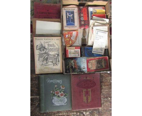 A box containing a mixed collection of items to include two postcard albums, vintage maps and guides, engineering catalogues,