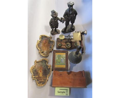 A mixed lot to include a 19th century creamware type pail with lid, pair of resin figures of men performing sporting pursuits