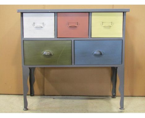 A contemporary industrial style light steel office type cabinet fitted with an arrangement of five frieze drawers with painte