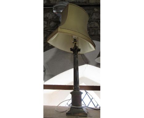 Gilt metal Corinthian column table lamp upon a stepped square base, 55cm high, not including shade 