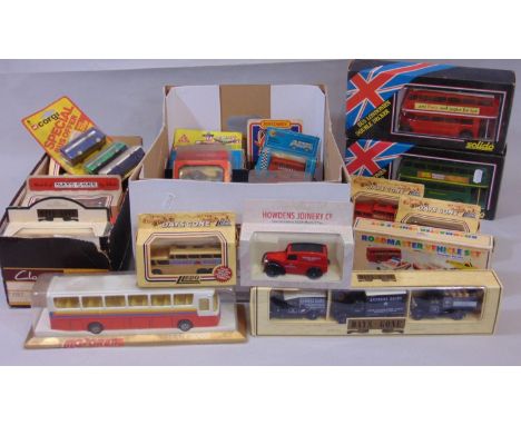 Collection of boxed model buses, including London Double Deckers by Solido, others by Lledo, Corgi, Majorette etc 