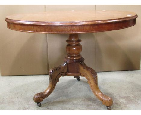 A Victorian loo table of circular form with moulded outline, raised on a turned pillar and scrolled tripod with carved acanth