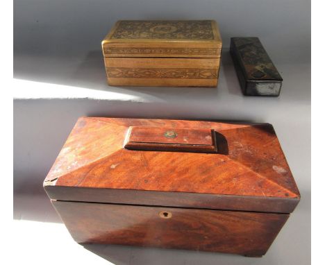 A 19th century mahogany sarcophagus tea caddy with hinged lid together with a further lacquered pen box and further pen work 