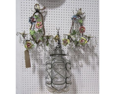 Pair of French twin sconce wall lights with enamelled foliate decoration and prismatic drops, 37 cm high approx; together wit