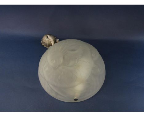 Opaque pressed glass ceiling light in the manner of Lalique decorated with overlapping fish, 33cm diameter 