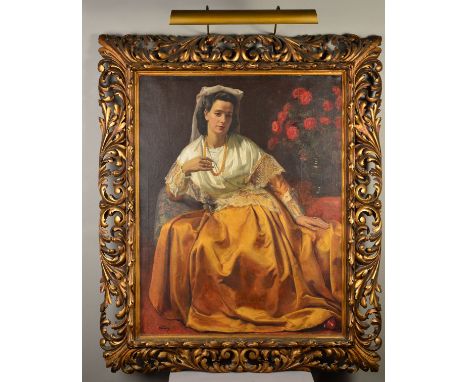 MICHAEL GILBERY (BRITISH 1913-2000), 'The Old Italian Dress', a full length portrait of a seated female figure wearing a silk