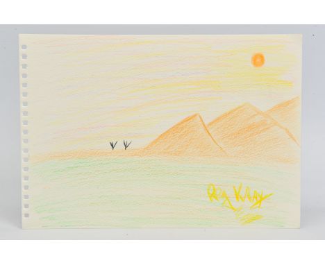 REGGIE KRAY (1933-2000), a crayon drawing of a landscape with mountains to the distance, signed lower right, unframed, approx