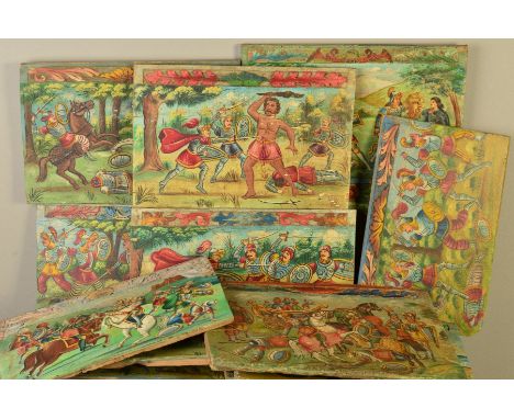 20TH CENTURY CONTINENTAL SCHOOL, a group of thirteen oil on panel decorative paintings, depicting medieval and mythological b