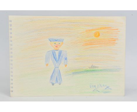 REGGIE KRAY (1933-2000), a crayon on paper drawing of a sailor, his boat to the distance, signed bottom right, unframed, appr