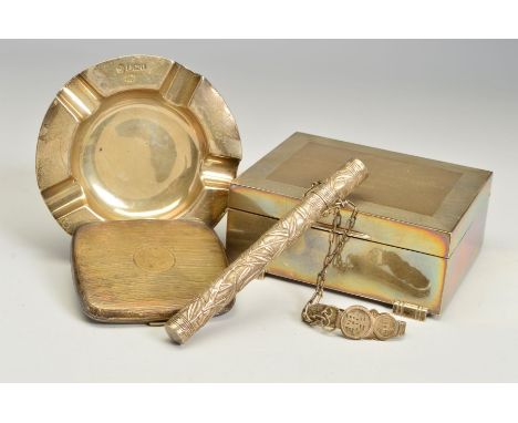 AN ELIZABETH II SILVER RECTANGULAR CIGARETTE BOX, the hinged lid with engine turned border and presentation inscription, on f