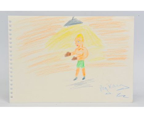 REGGIE KRAY (1933-2000), a crayon drawing of a boxer under a spotlight, signed lower right, unframed, approximately 17.5cm x 