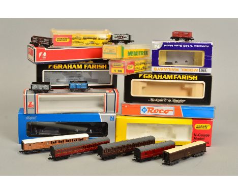 A QUANTITY OF UNBOXED AND ASSORTED N GAUGE ROLLING STOCK, including Graham Farish, Lima, Peco, Dapol, Trix and kit built item