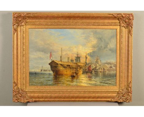 HENRY THOMAS DAWSON (BRITISH ACTIVE 1860-1896), An Old Frigate at Plymouth, oil on relined canvas, signed with monogram and d