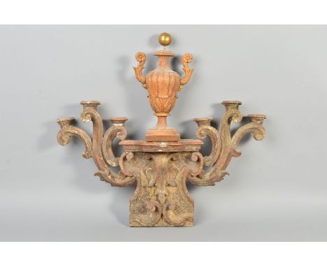 A 19TH CENTURY CARVED GILTWOOD SIX BRANCH CANDLE STAND CAPITAL, holders lacking spikes, the central shelf with freestanding c