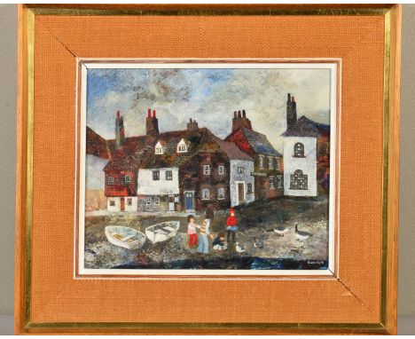 BRENDA KING (BRITISH 1934-2011), 'Thameside' children playing on the foreshore, workers cottages behind, oil on board, signed