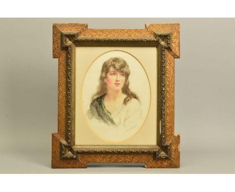 FRED J KNOWLES (BRITISH 1874-1931), portrait sketch of a young woman, watercolour, signed lower right, mounted as an oval in 