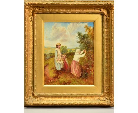 LATE 19TH / EARLY 20TH CENTURY BRITISH SCHOOL, three girls collecting wild flowers on a country track, expansive landscape be