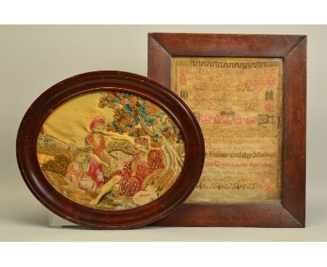 AN EARLY 19TH CENTURY OVAL EMBROIDERED SILK PANEL OF A SHEPHERDING GROUP, featuring crewel work and long stitch, framed and g