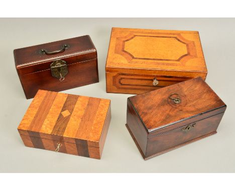 A GEORGE III MAHOGANY TEA CADDY, of rectangular form, brass handle to the hinged cover, vacant interior, width 23.5cm, togeth