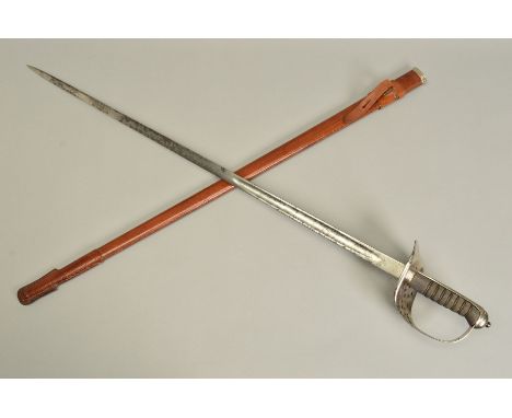 AN 1897 PATTERN ER VII CREST INFANTRY OFFICERS SWORD WITH BROWN LEATHER SCABBARD, blade is proved marked and approximate leng