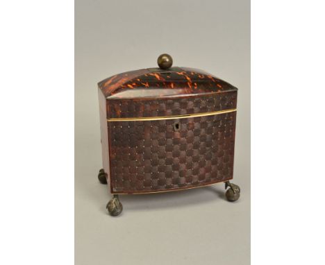 AN EARLY 19TH CENTURY TORTOISESHELL BOW FRONT TEA CADDY, with pressed basket weave decoration to the front, gilt metal ball f