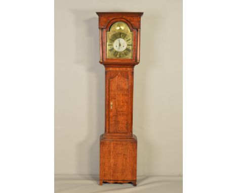 A GEORGE III OAK, MAHOGANY AND SATINWOOD BANDED LONGCASE CLOCK, the hood with dentil pediment on doric columns flanking an ar