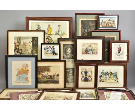 A COLLECTION OF 19TH AND EARLY 20TH CENTURY FRAMED CARICATURES, etc, including after Rowlandson 'Comforts of Bath', after Alk