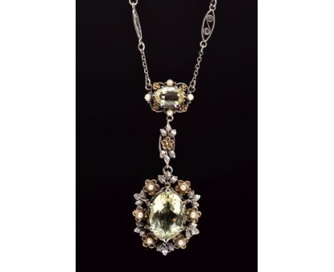 AN ARTS &amp; CRAFTS SILVER, GOLD, BERYL AND SEED PEARL PENDANT NECKLACE 'ATTRIBUTED TO DORRIE NOSSITER', the drop designed a