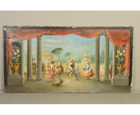 19TH CENTURY CONTINENTAL SCHOOL, theatrical scene with masked figures, others with musical instruments, dancers, dancing dogs