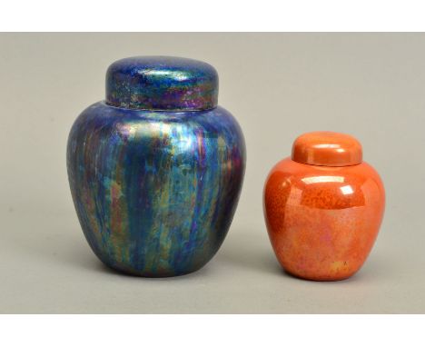 A RUSKIN POTTERY KINGFISHER BLUE LUSTRE GINGER JAR AND COVER, impressed marks to base '1911 RUSKIN', cover repaired, height a